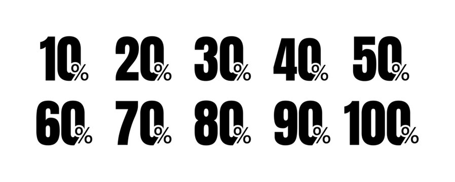 Sale labels set vector badge template. Number of shopping discounts with discounts of 10, 20, 30, 40, 50, 60, 70, 80, 90, 100%