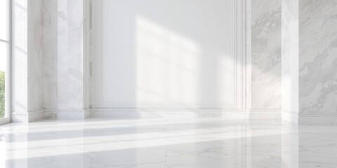 Fototapeta premium A marble floor with white patterned walls providing a sophisticated background for interior design, suitable for editorial layouts