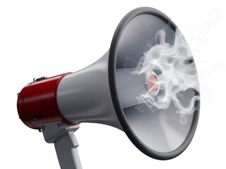 Red and gray megaphone PNG isolated on transparent background, loudspeaker with smoke effect for announcements and promotions