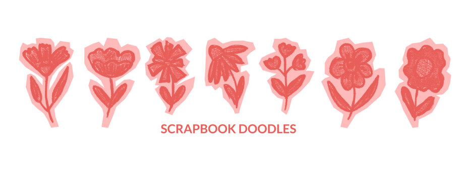 Set of scrapbook doodle flowers. Scribble pink and red paper cutouts. Scrap book poppy, daisy floral elements. Collage diy papers naive wildflowers shapes. Vector girly handmade crayon textured plants