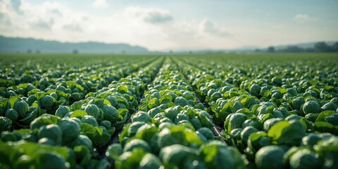 Fototapeta premium Brussels sprouts plants in a farm field pattern used as a background for agricultural layout design