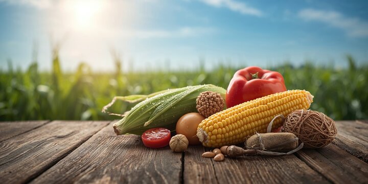 GMO food items with vibrant colors, highlighting genetic modification for agriculture, World Food Day