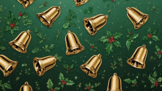 Golden bells and holly on a dark green background. A festive holiday-themed pattern