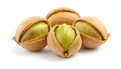 Three fresh pistachios with open shells reveal vibrant green nuts, perfectly isolated on a transparent background, high quality PNG file.