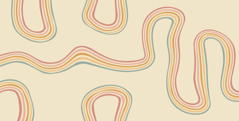 Groovy rainbow lines background. Wavy stripes vintage colors cover. Playful squiggle wave arch wall design. Vector retro beige wiggle ornament.