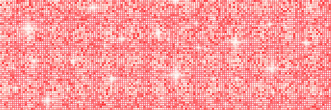 Glittering red disco ball pattern with mirror mosaic and sparkle lights. Pink and white coquette gradient sequin texture shimmer wall. Vector glam girly background.