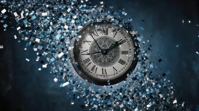 An antique clock face, surrounded by sparkling blue confetti, on a dark gradient background