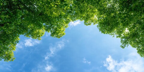 Fototapeta premium Dense leafy tree branches against a blue sky background, suitable for nature-themed layouts