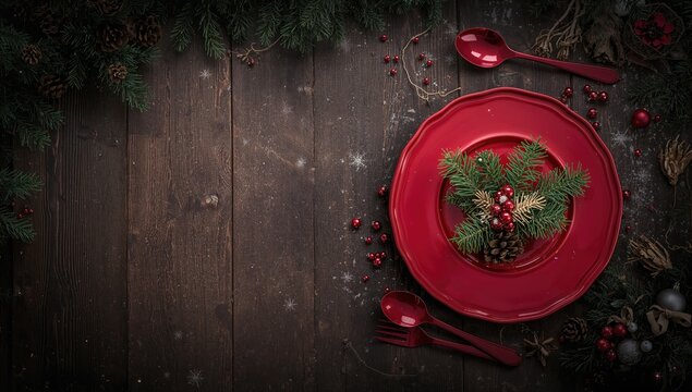 Christmas table setting with bright red silverware, plate, and decorations on dark rustic wood, seasonal celebration