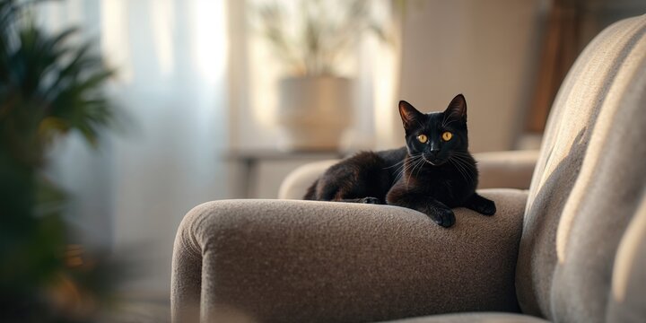 Black cat with yellow eyes relaxing on a sofa, emphasizing pet comfort and home environment - Powered by Adobe