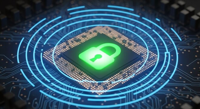 A glowing green padlock icon sits atop a modern computer processor, surrounded by concentric blue circles, symbolizing data security and protection