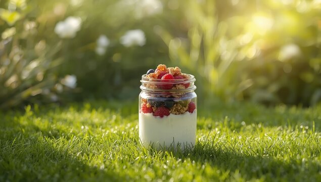 Healthy breakfast with granola yogurt topped with fresh blueberries and raspberries, suitable for fiber-dense diet