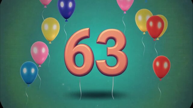 Number 63 surrounded by balloons. Festive video for birthday or anniversary party