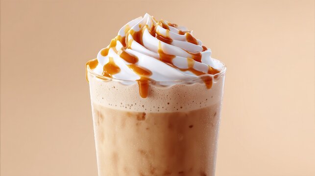 Refreshing iced coffee drink topped with whipped cream and caramel sauce