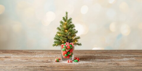 Small Christmas tree with festive sweets and space-themed background, holiday decoration, Christmas celebration