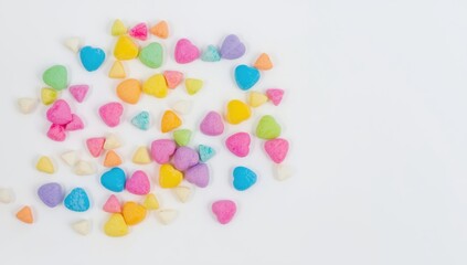 Colorful candy hearts arranged on a white background for Valentine's Day celebration