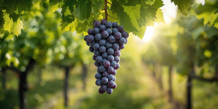 Grapevine branches with ripe grapes on a textured background, suitable for vineyard branding or wine label design