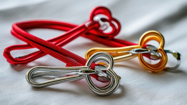 Three decorative knotted cords in red, gold, and silver, each with a metal clasp, are arranged on a white textured fabric surface. The lighting is soft and diff