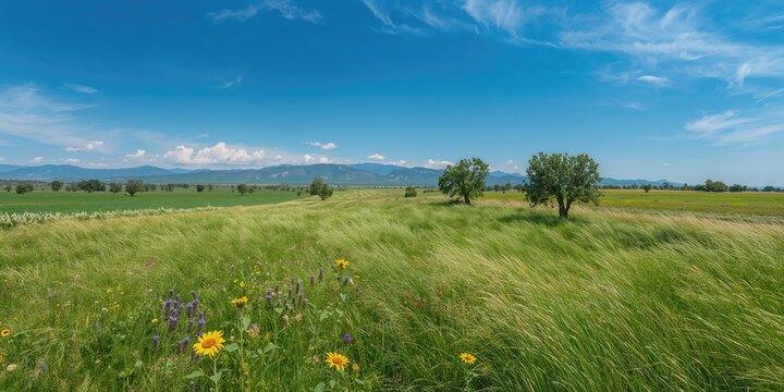 Landscape of mountain prairies in Tandil with lush grass and blue sky, suitable as a natural background for travel and summer themes