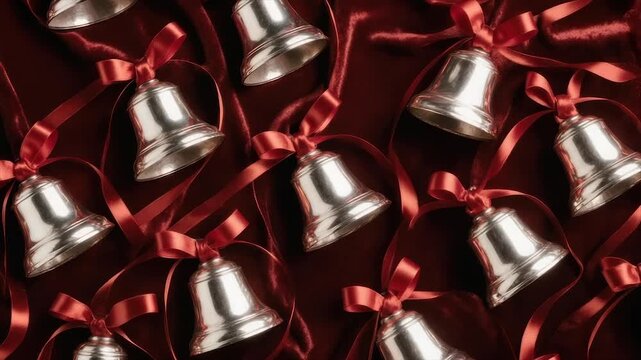 Shiny silver bells with red ribbons lie on a plush maroon surface