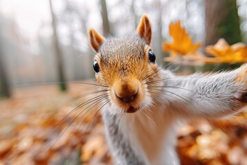 Close-Up Of Curious Squirrel Taking A Selfie In Autumn Forest. Whimsical Wildlife Photography For Nature Blogs, Educational Material, Kids Books