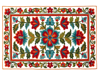 Floral embroidered rug PNG isolated on transparent background, colorful decorative textile with flower pattern for home decor and design projects