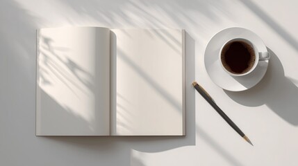 Minimalist flat lay of an open blank magazine mockup, coffee, and pen on a white desk with large palm shadows. Template symbolizing creative design, tropical work, and clean aesthetic.