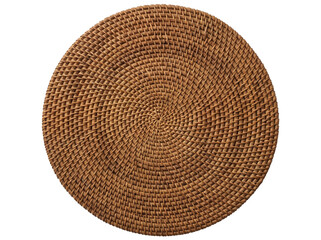 Round woven placemat PNG isolated on transparent background, rustic brown wicker table setting for dining and kitchen decor