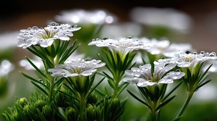 Close-up of small white wildflowers covered in glistening water droplets, set against a blurred green and brown background with soft bokeh.