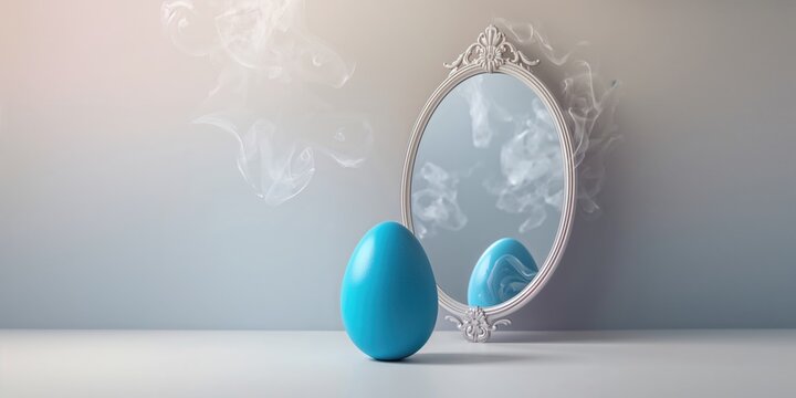 Blue egg in front of mirror reflecting pink hue, emphasizing color contrast and symmetry, World Egg Day - Powered by Adobe