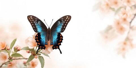Fototapeta premium Bright tropical butterfly perched on apricot flowers, serving as a natural pollination scene
