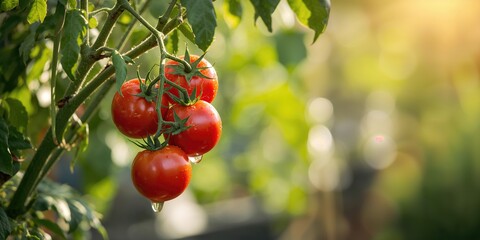 Ripe organic tomatoes in garden ready to harvest, emphasizing sustainable farming practices
