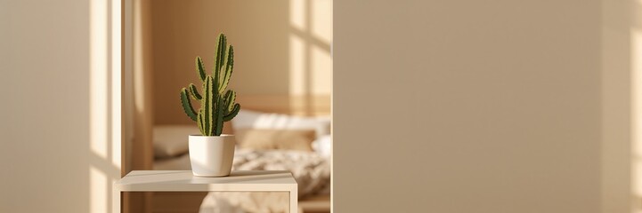 Light-filled bedroom with a green cactus on a bedside table, emphasizing interior design elements, World Sleep Day