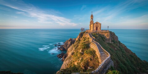 Gaztelugatxe island in the Basque Country connected to the mainland by a bridge and stairs, scenic coastal landscape