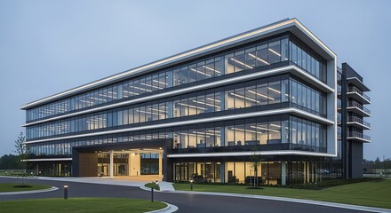 A large, multi-story modern corporate office building featuring a sleek glass facade, illuminated interior, and prominent horizontal LED lighting at dusk, emphasizing contemporary design.