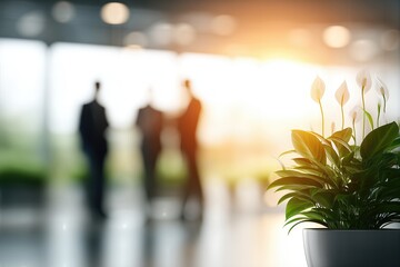 Peace Lily In Pot With Businessmen In Background. Symbolic Greenery For Office Wellness, Team Spirit Or Sustainable Design