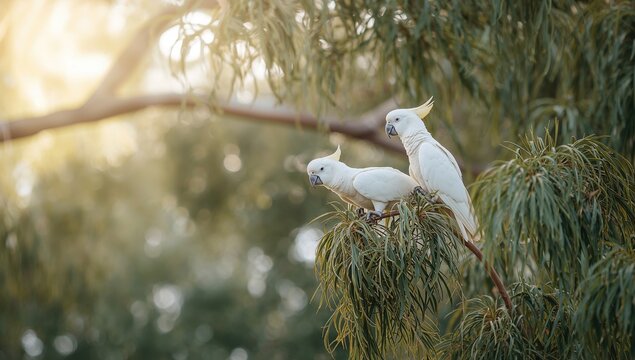Two Australian Long-billed Corella parrots perched in a eucalyptus tree, emphasizing native bird behavior, wildlife conservation day