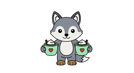Adorable wolf cartoon character offering two mugs of hot chocolate with whipped cream for a delightful winter treat illustration, perfect for seasonal designs