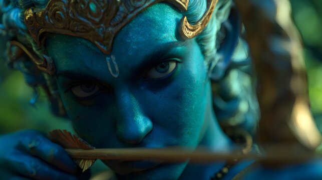Lord Rama, an indian god, with bow and arrow in a forest, focused and ready for action. Traditional religious art depicting hindu deity for spiritual concept.
