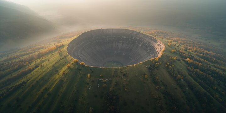 Aerial view of a volcanic crater in Racos village, Brasov county, Romania, during a foggy autumn morning, emphasizing natural landscape and tourism, Earth Day