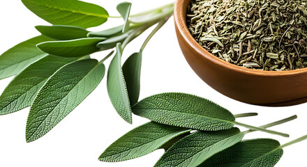 A close up photo of fresh sage leaves beside a bowl of dried sage herbs, vibrant green and earthy tones, detailed texture, ideal for culinary and food photography, high-resolution PNG.