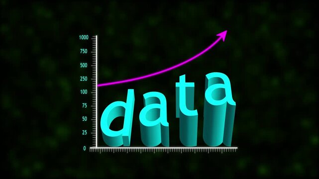 3D data text growth chart with rising upward arrow showcasing increasing engagement and digital performance metrics.
