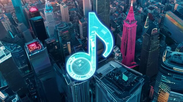 A glowing blue music note hovers above a colorful futuristic cityscape with neon skyscrapers and vibrant lights. 4k Video footage