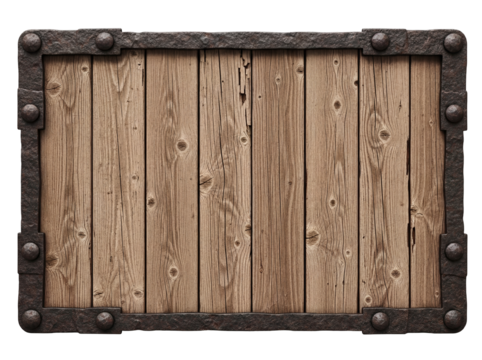 Old wooden sign with metal frame isolated PNG, rustic wood plank board for medieval fantasy game asset on transparent background