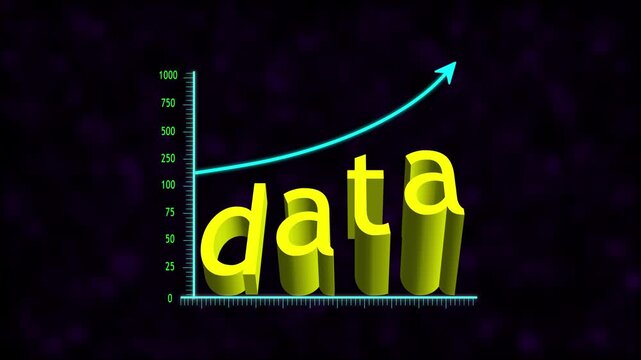 3D data text growth chart with rising upward arrow showcasing increasing engagement and digital performance metrics.