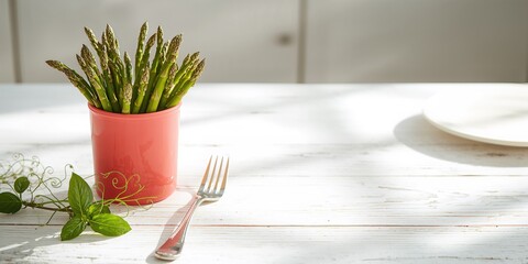 Fresh asparagus in a coral container on a white wooden table, emphasizing healthy vegetable choices for spring meals, Earth Day