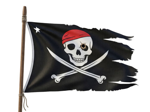 Torn pirate flag PNG isolated on transparent background, skull and crossbones symbol of piracy and adventure