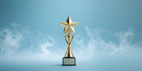 Gold star trophy surrounded by smoke on a blue background used as an award or recognition backdrop