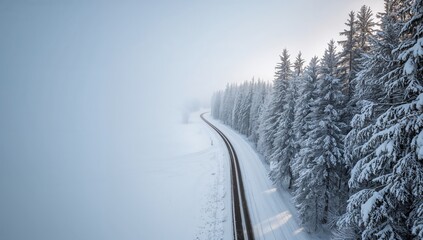 Aerial view of a snow-covered forest road during winter, emphasizing seasonal change