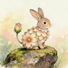 Illustration Of A Small Rabbit On A Mossy Rock, Warm Natural Fantasy Atmosphere Vector Design Template